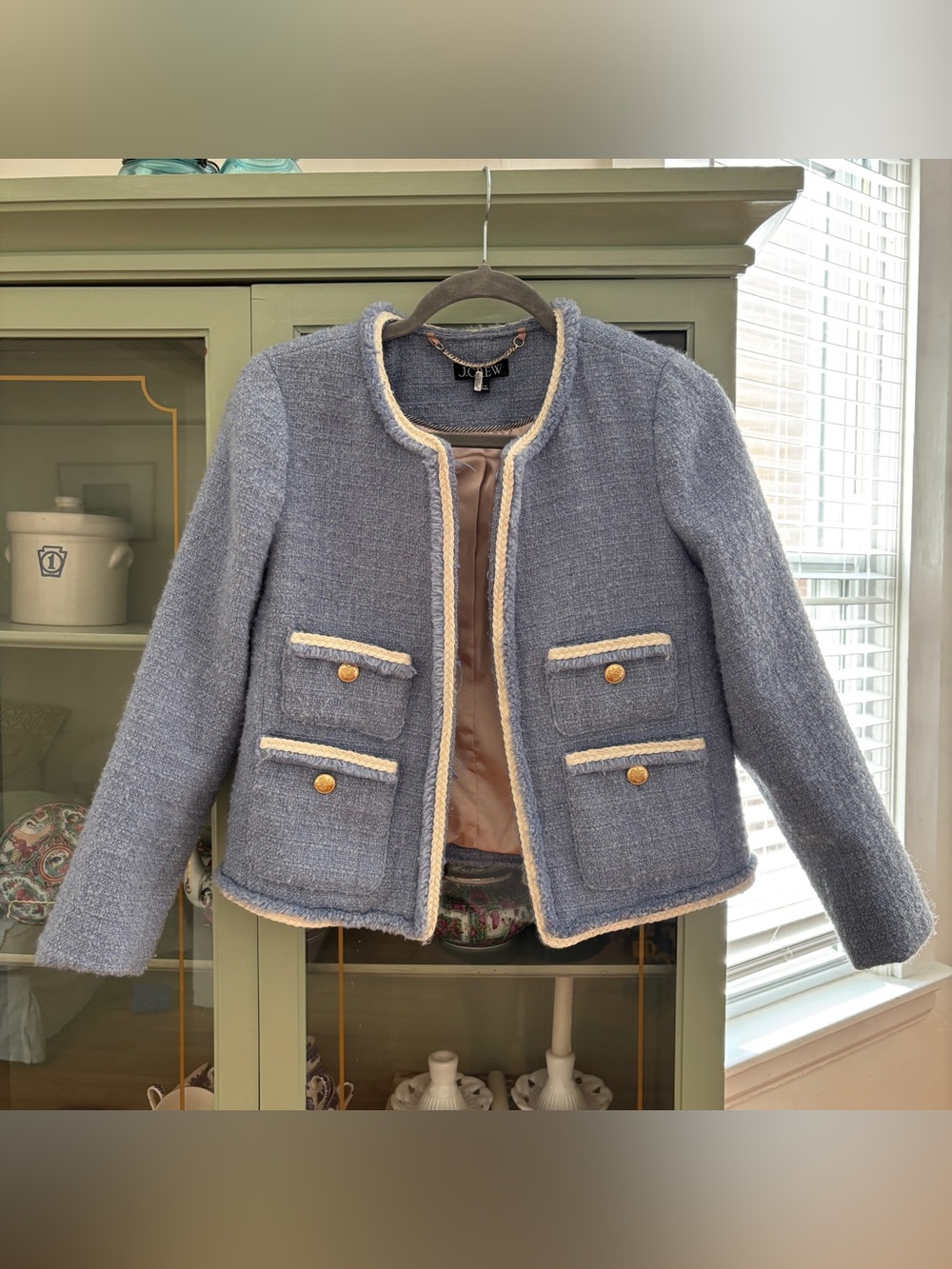 J.Crew Frances Lady Jacket in Maritime Tweed Light Blue with Gold Buttons